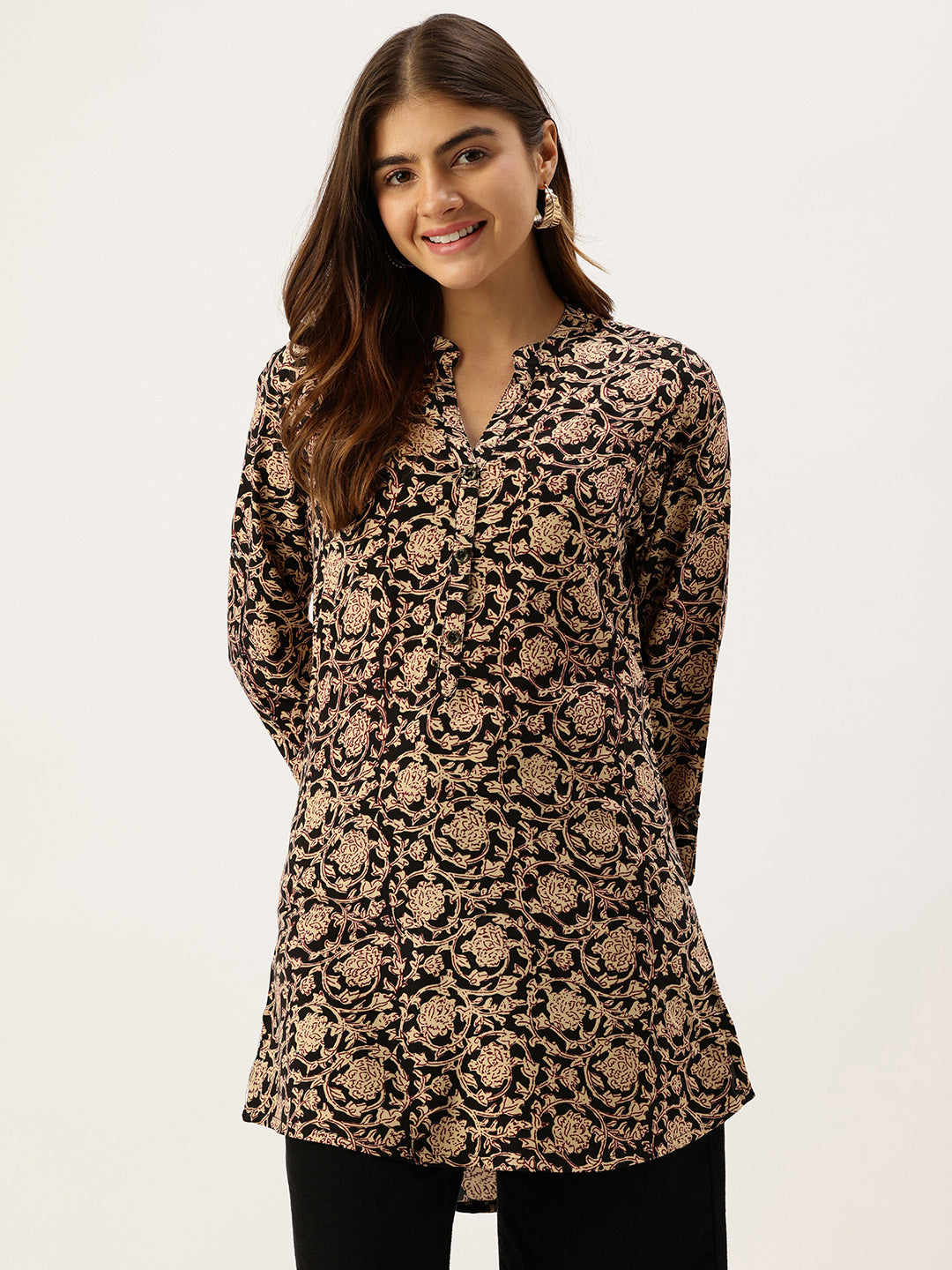Black Printed Mandarin Collar Tunic
