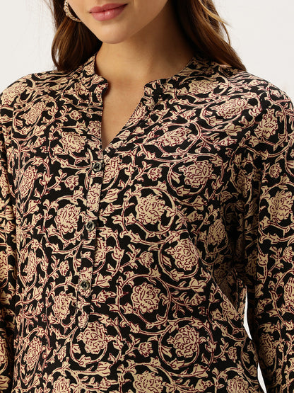 Black Printed Mandarin Collar Tunic