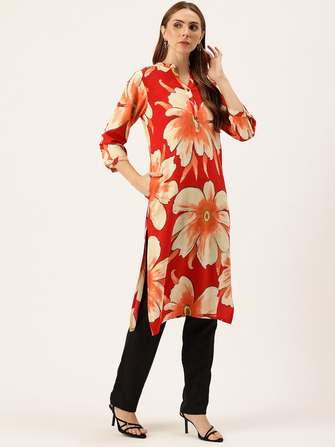 Red Floral Printed Kurta