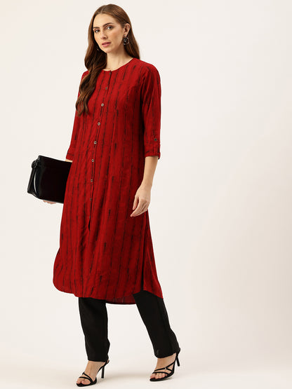 Red Leheriya Printed Roll-Up Sleeves A-Line Kurta