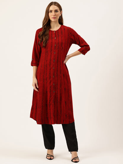 Red Leheriya Printed Roll-Up Sleeves A-Line Kurta