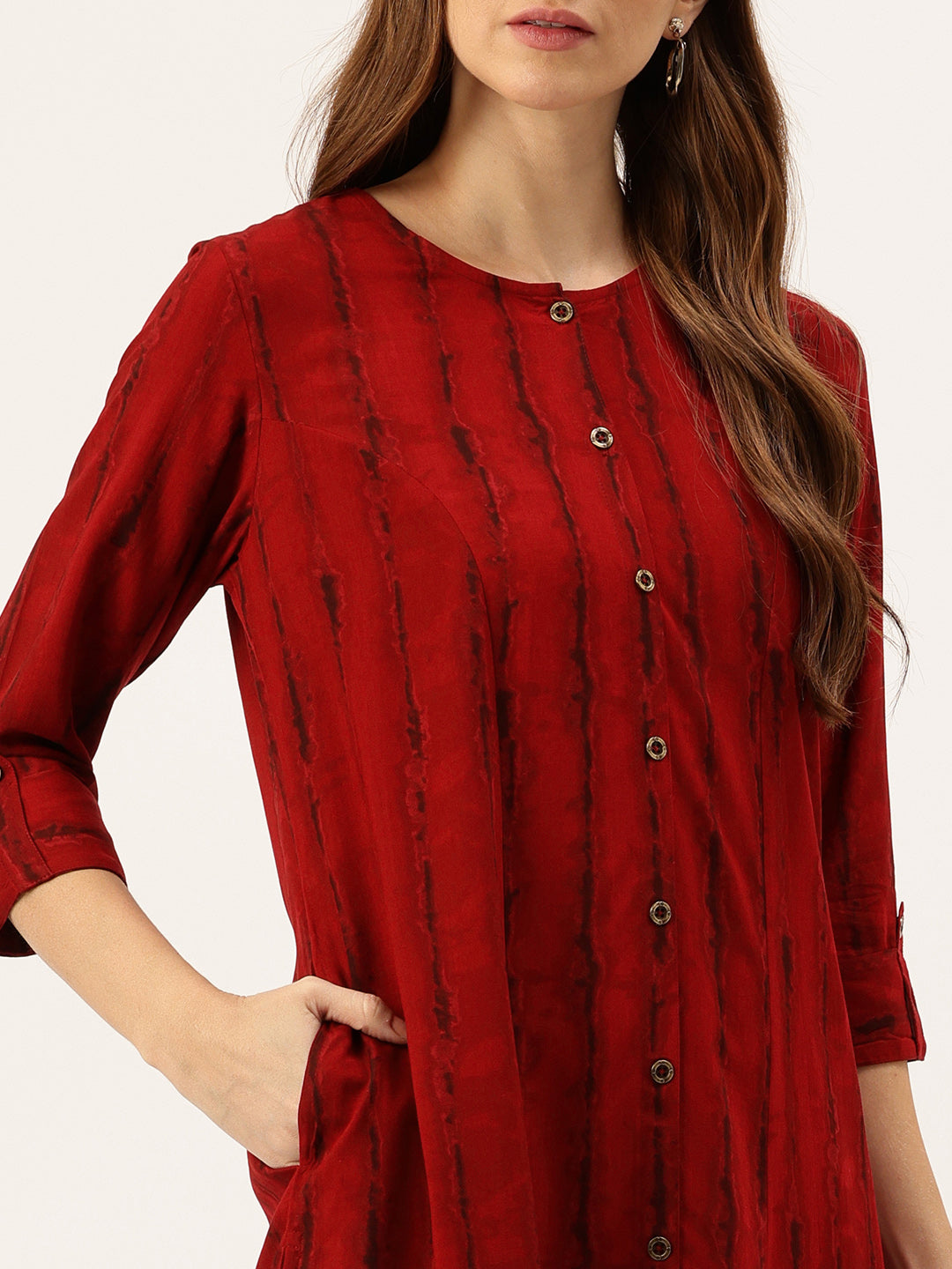 Red Leheriya Printed Roll-Up Sleeves A-Line Kurta
