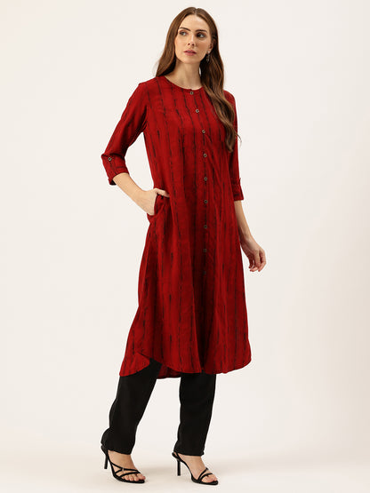 Red Leheriya Printed Roll-Up Sleeves A-Line Kurta