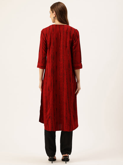 Red Leheriya Printed Roll-Up Sleeves A-Line Kurta
