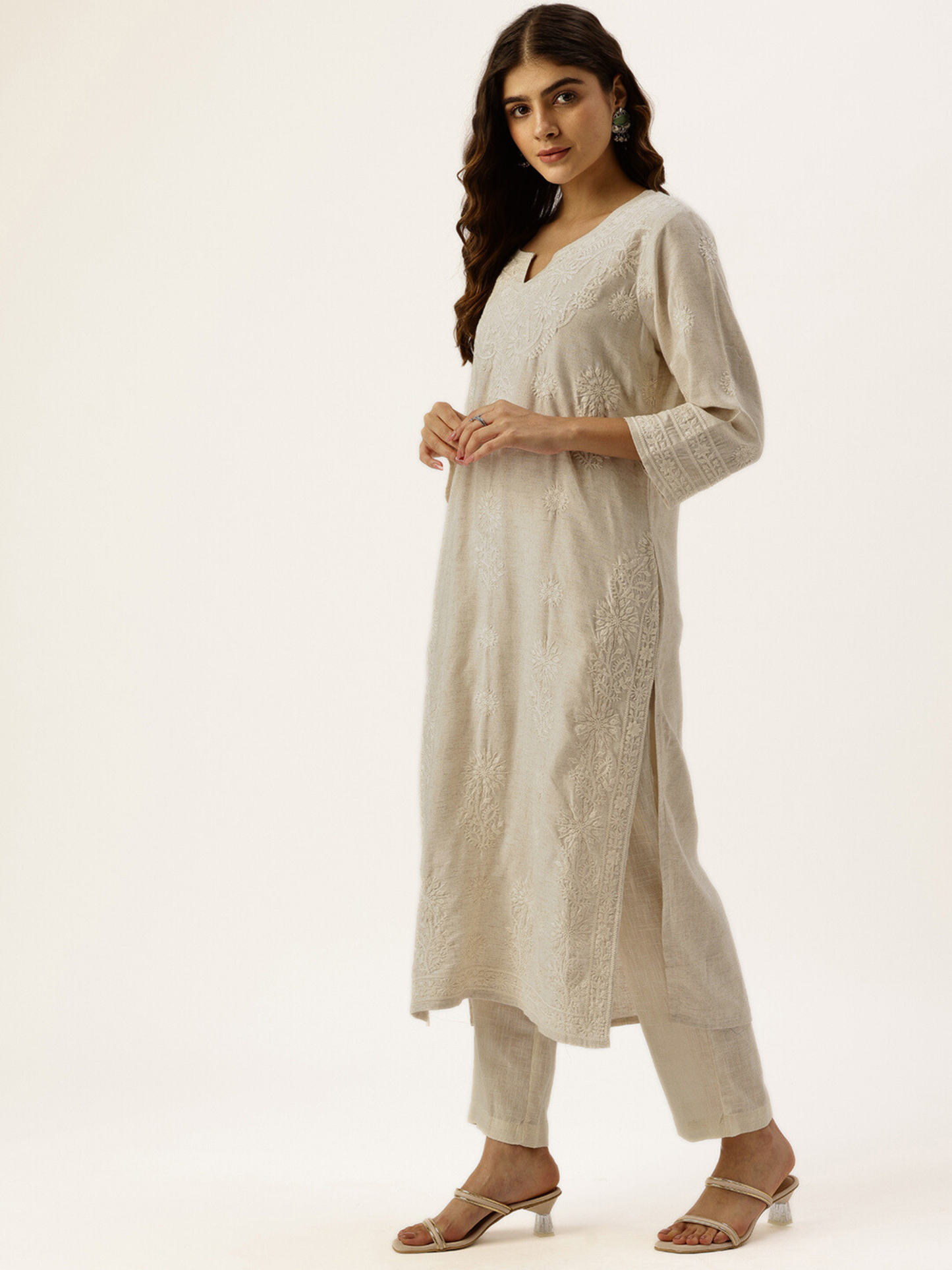 Beige Floral Embroidered Kurta