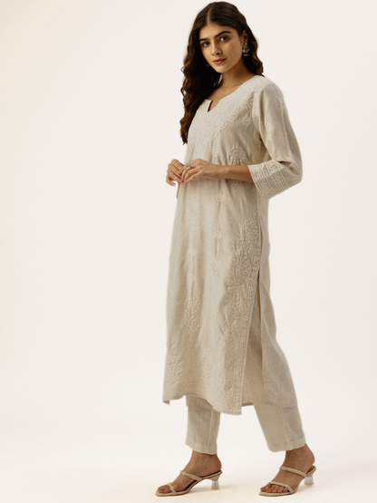 Beige Floral Embroidered Kurta