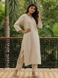 Beige Floral Embroidered Kurta