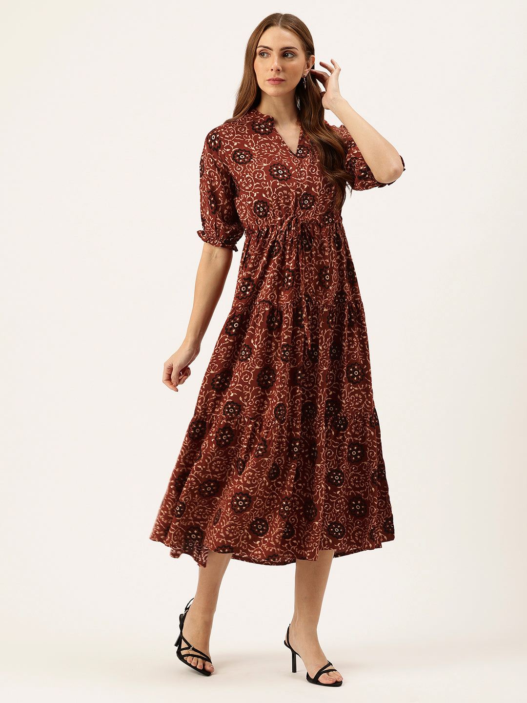 Red Floral Printed Fit & Flare Midi Tiered Ethnic Dress