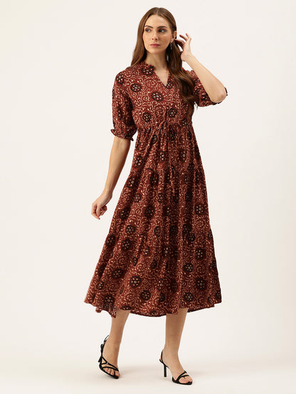 Red Floral Printed Fit & Flare Midi Tiered Ethnic Dress