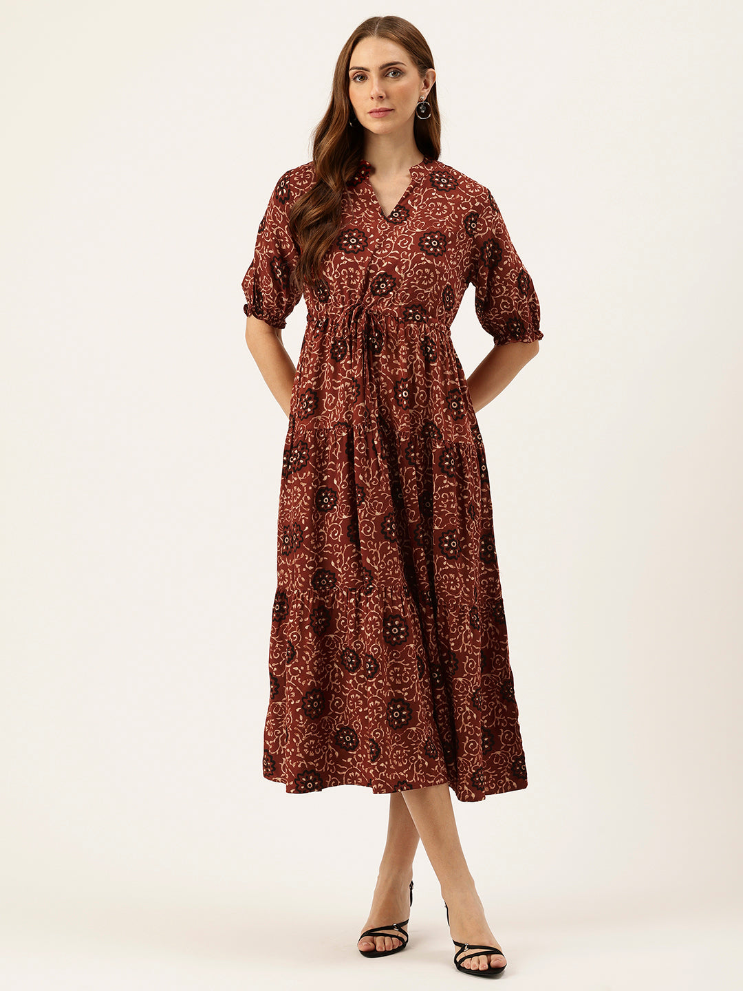 Red Floral Printed Fit & Flare Midi Tiered Ethnic Dress, Midi Dress 