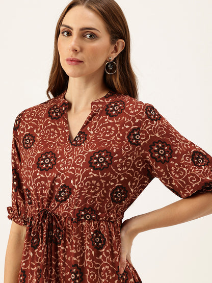 Red Floral Printed Fit & Flare Midi Tiered Ethnic Dress