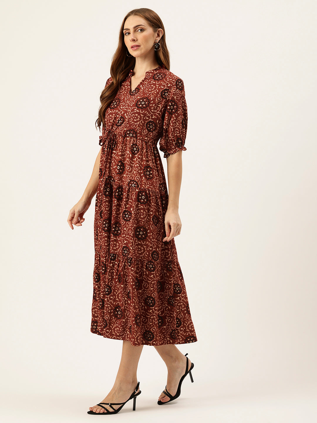 Red Floral Printed Fit & Flare Midi Tiered Ethnic Dress
