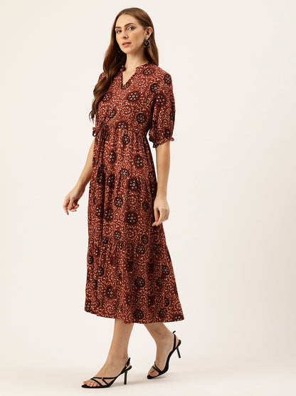 Red Floral Printed Fit & Flare Midi Tiered Ethnic Dress
