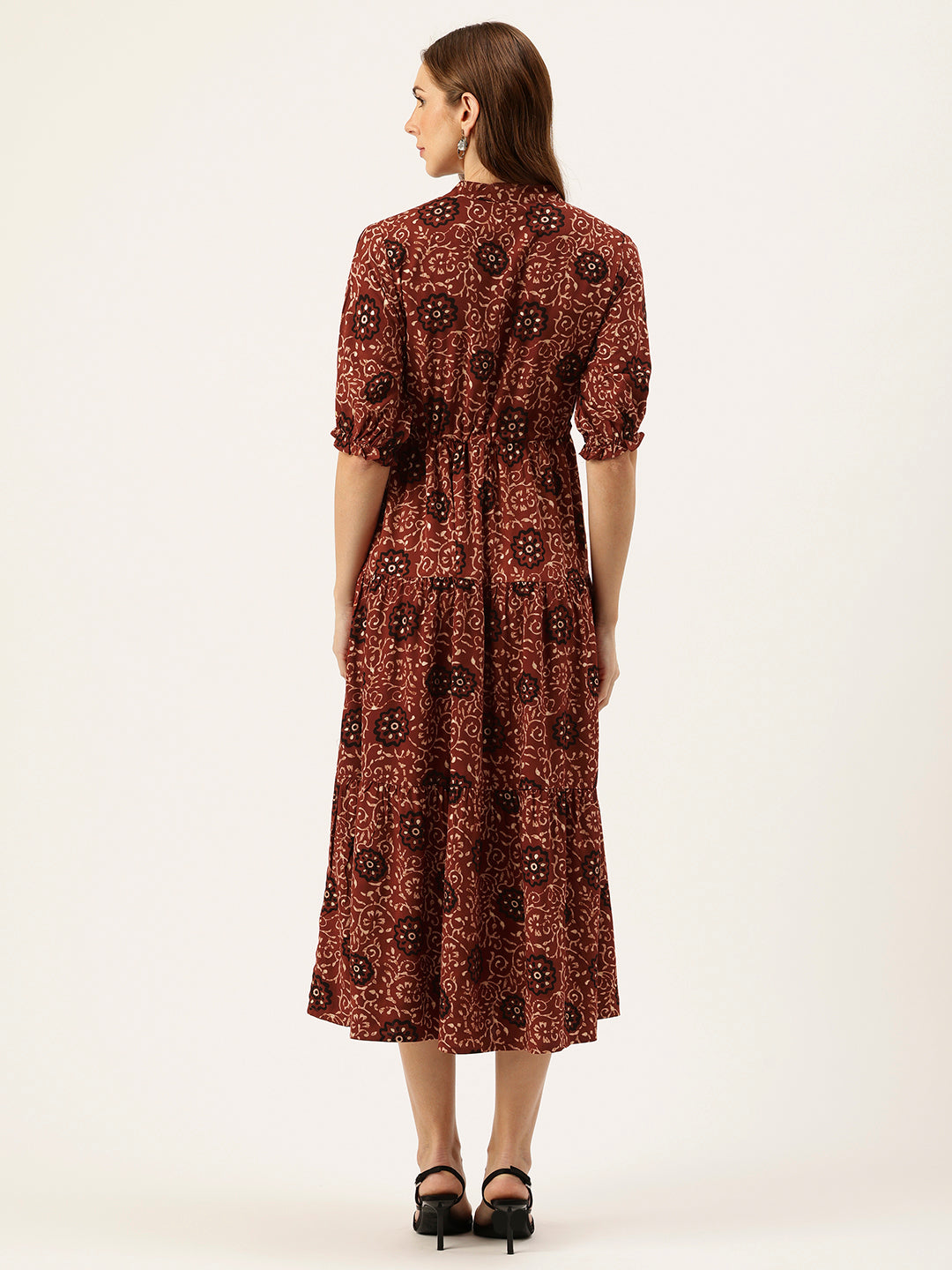 Red Floral Printed Fit & Flare Midi Tiered Ethnic Dress