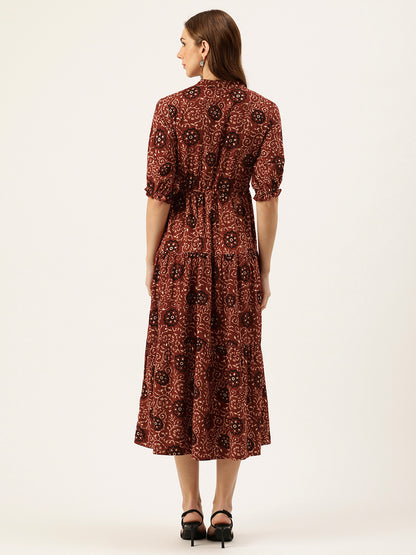 Red Floral Printed Fit & Flare Midi Tiered Ethnic Dress