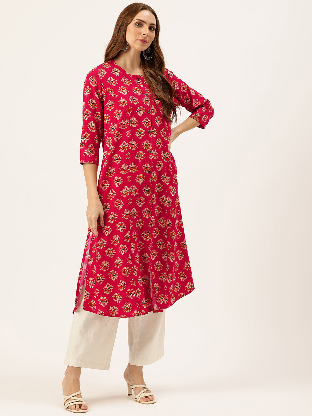 Fuschia Floral Printed Roll-Up Sleeves A-Line Kurta
