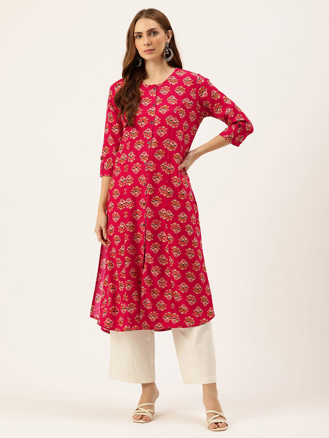 Fuschia Floral Printed Roll-Up Sleeves A-Line Kurta
