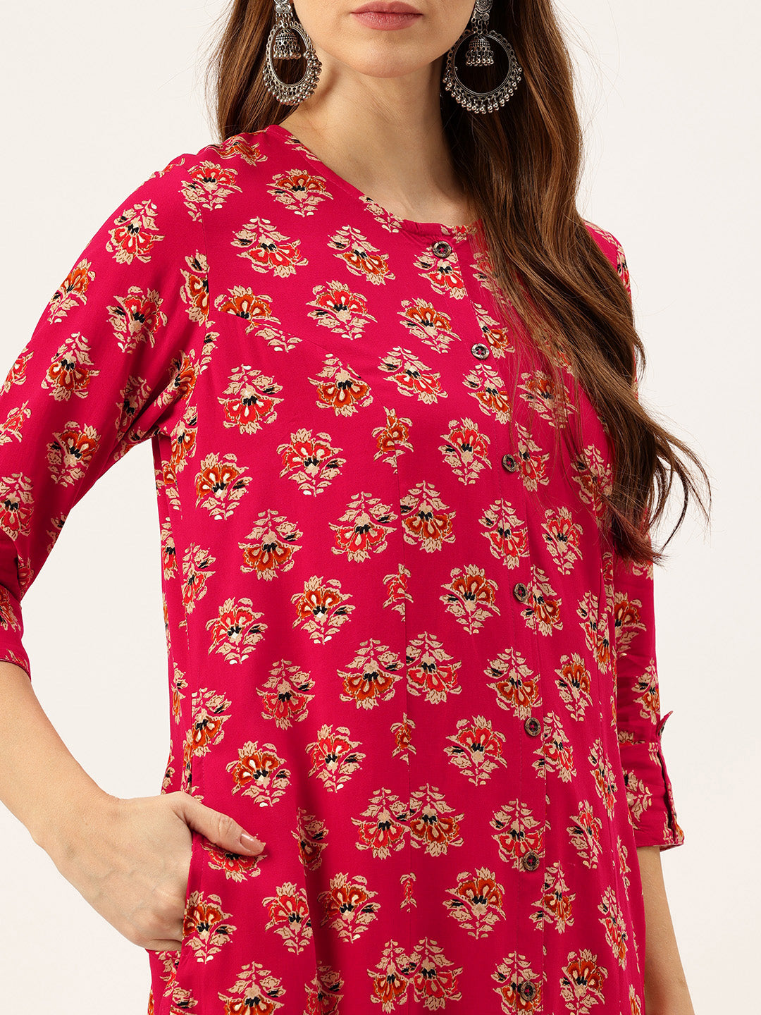 Fuschia Floral Printed Roll-Up Sleeves A-Line Kurta