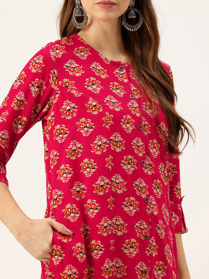 Fuschia Floral Printed Roll-Up Sleeves A-Line Kurta