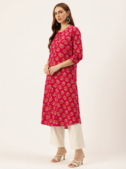Fuschia Floral Printed Roll-Up Sleeves A-Line Kurta