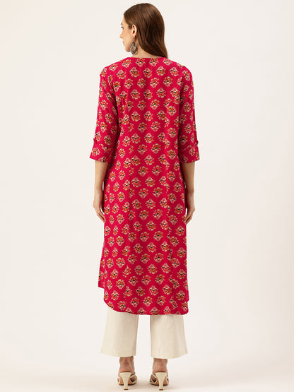 Fuschia Floral Printed Roll-Up Sleeves A-Line Kurta