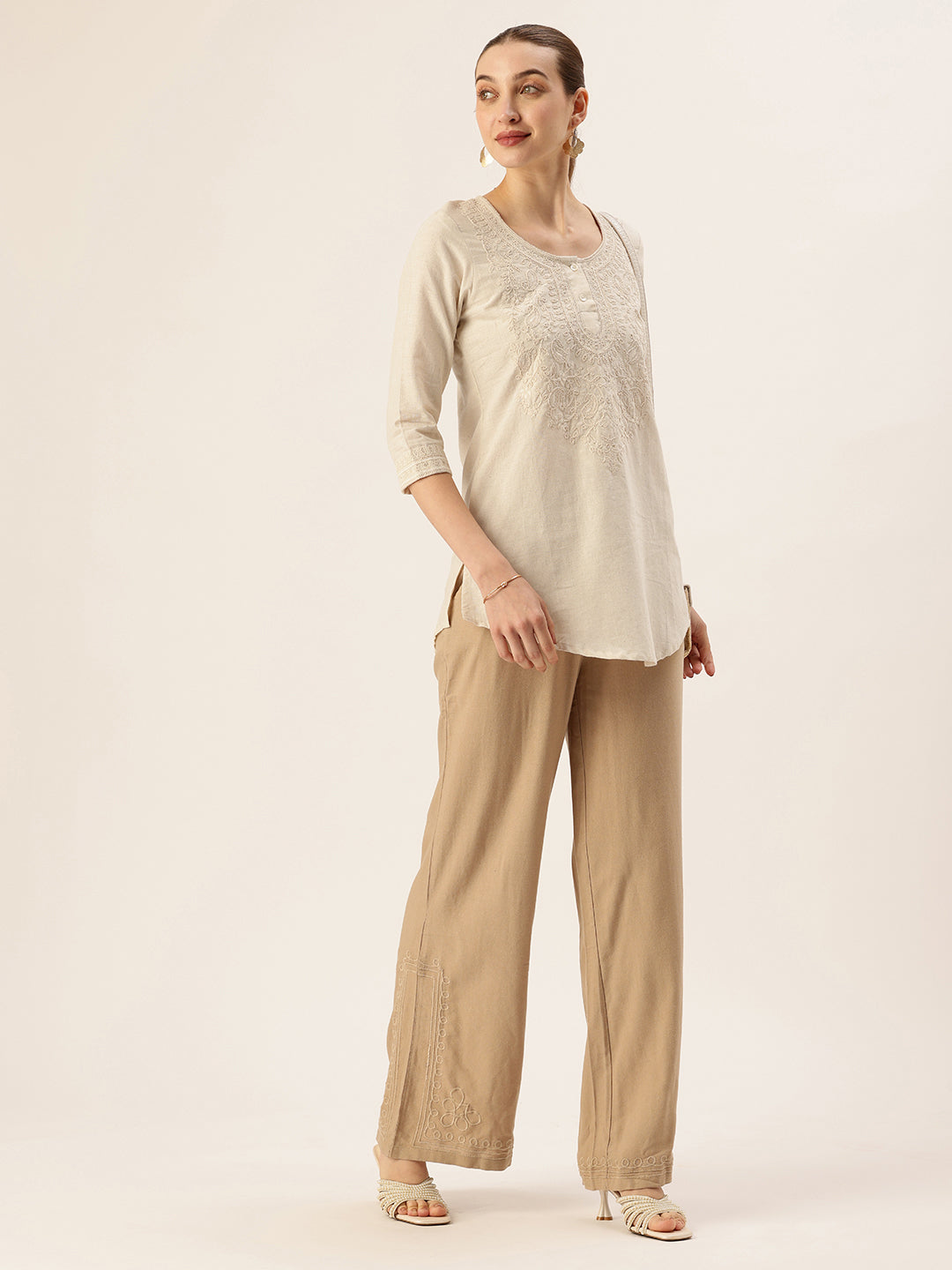 Beige Floral Embroidered Tunic, Short Kurti, Short Kurta, Embroidered Short Kurti, Beige Color