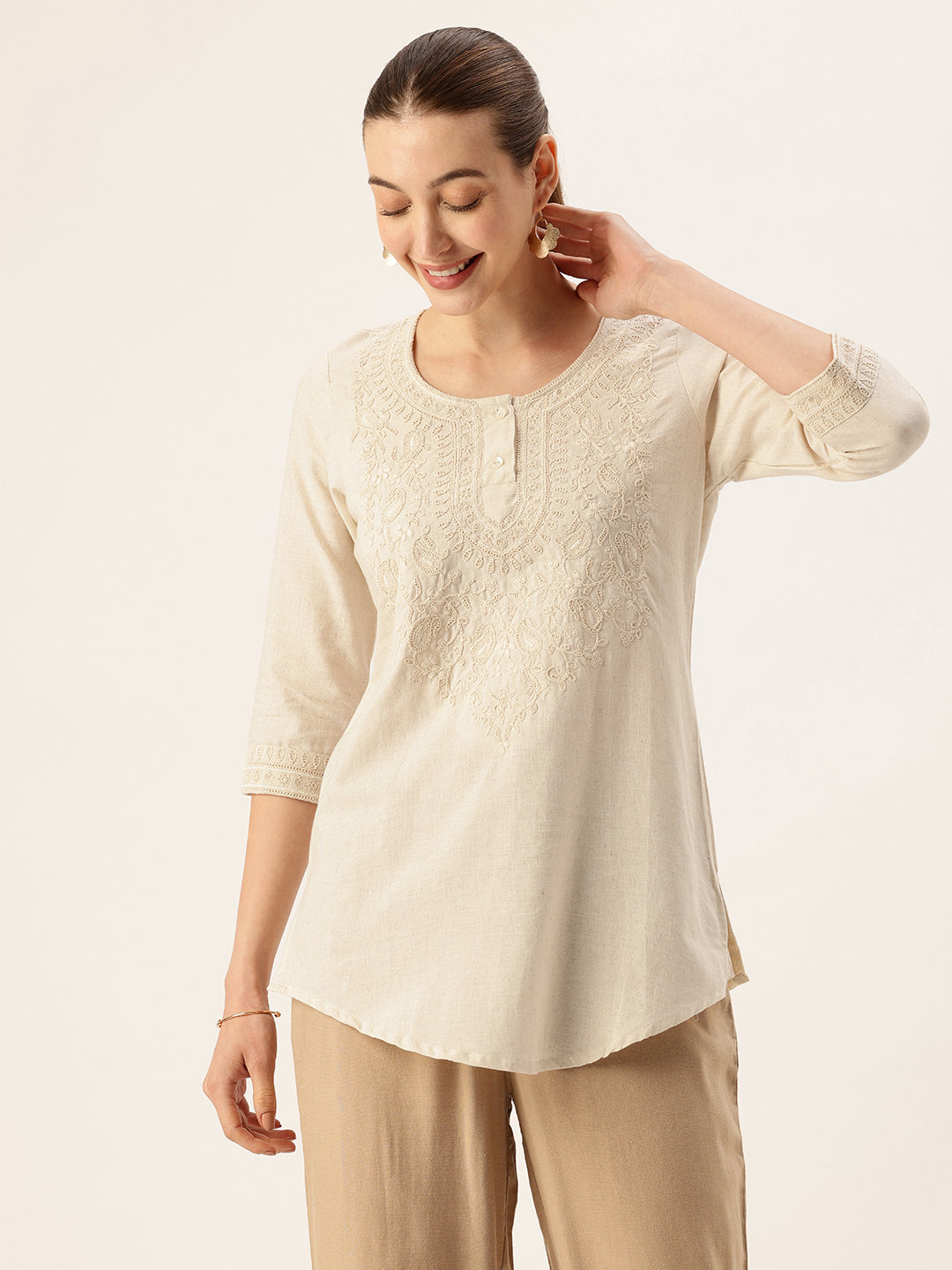 Beige Floral Embroidered Tunic