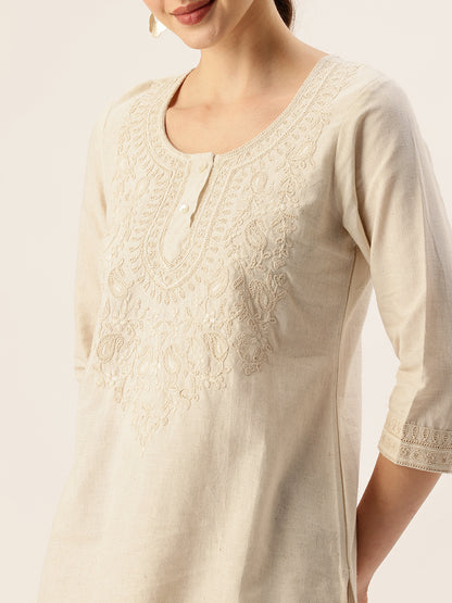 Beige Floral Embroidered Tunic