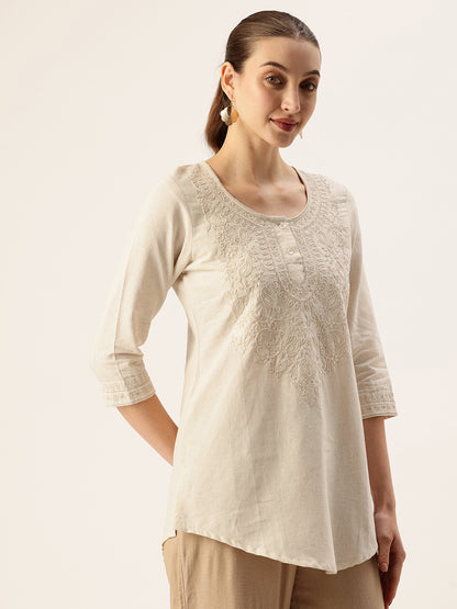 Beige Floral Embroidered Tunic