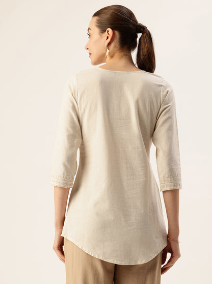 Beige Floral Embroidered Tunic