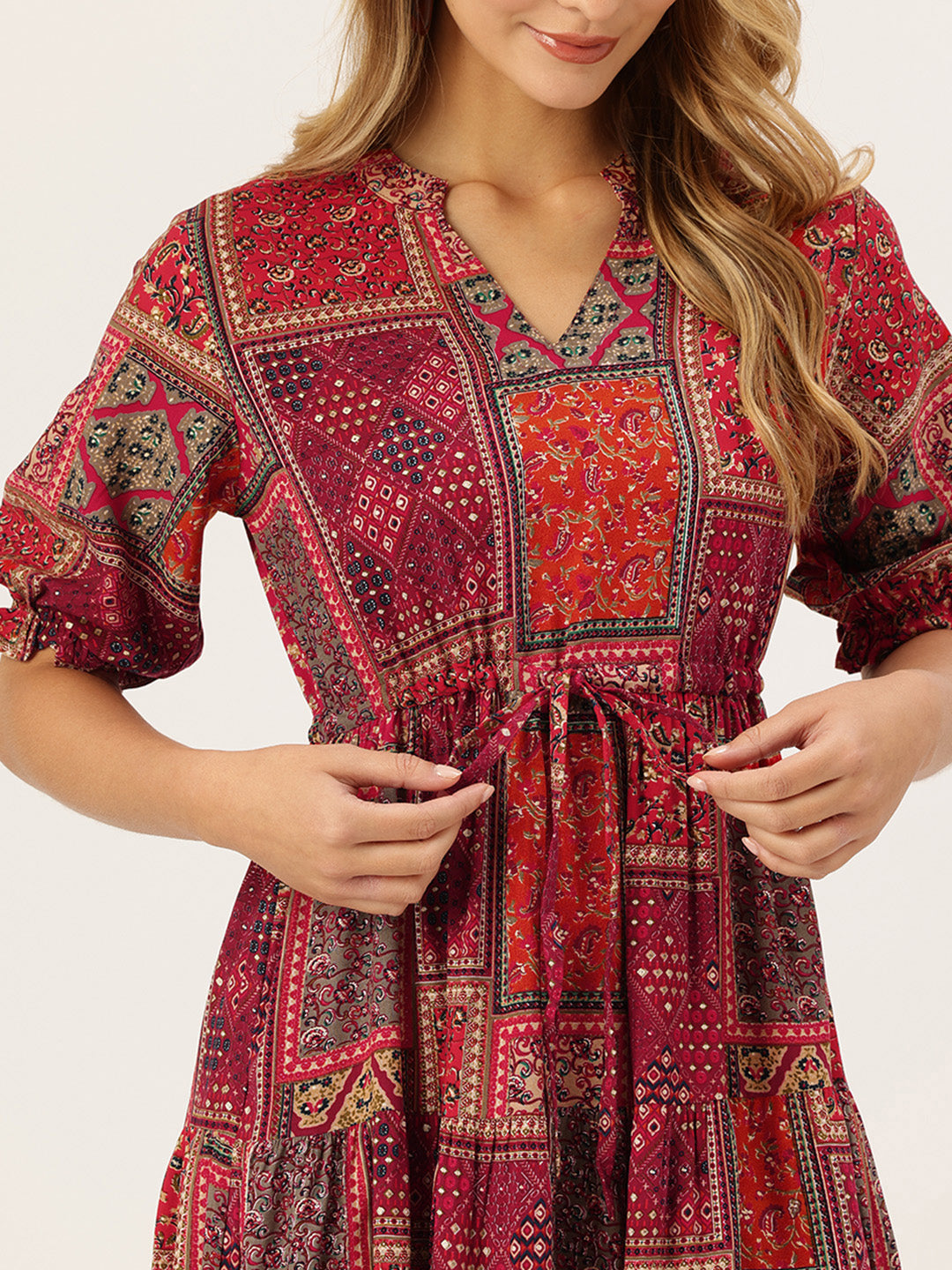 Red Printed Fit & Flare Midi Tiered Ethnic Dress