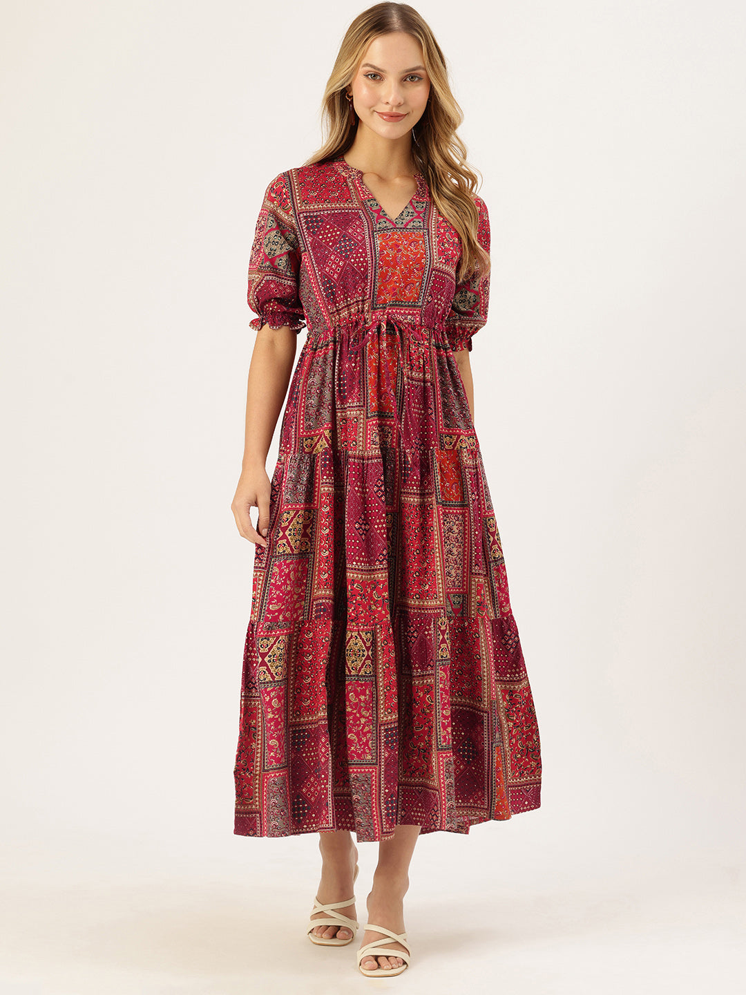 Red Printed Fit & Flare Midi Tiered Ethnic Dress