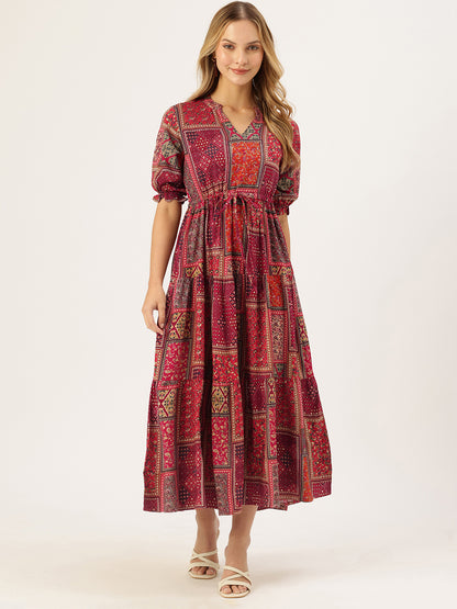 Red Printed Fit & Flare Midi Tiered Ethnic Dress
