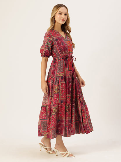 Red Printed Fit & Flare Midi Tiered Ethnic Dress