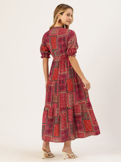 Red Printed Fit & Flare Midi Tiered Ethnic Dress