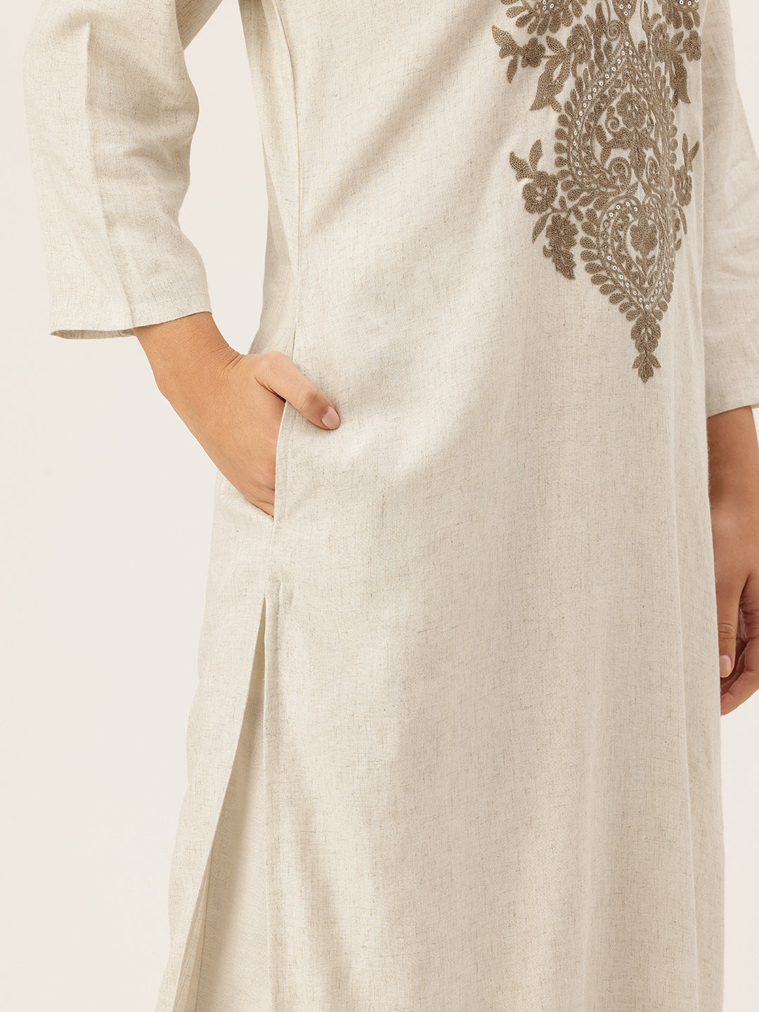 Beige Floral Embroidered Kurta