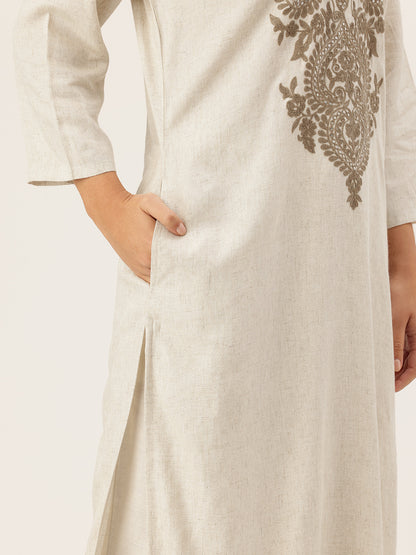 Beige Floral Embroidered Kurta