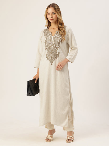 Beige Floral Embroidered Kurta
