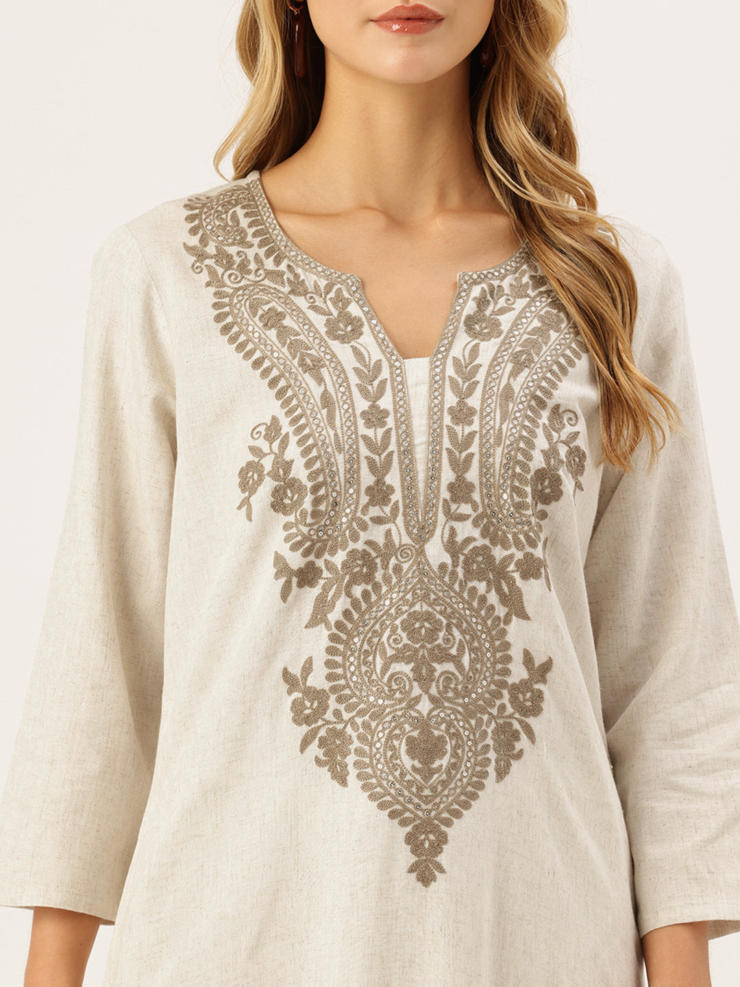 Beige Floral Embroidered Kurta