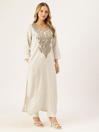 Beige Floral Embroidered Kurta