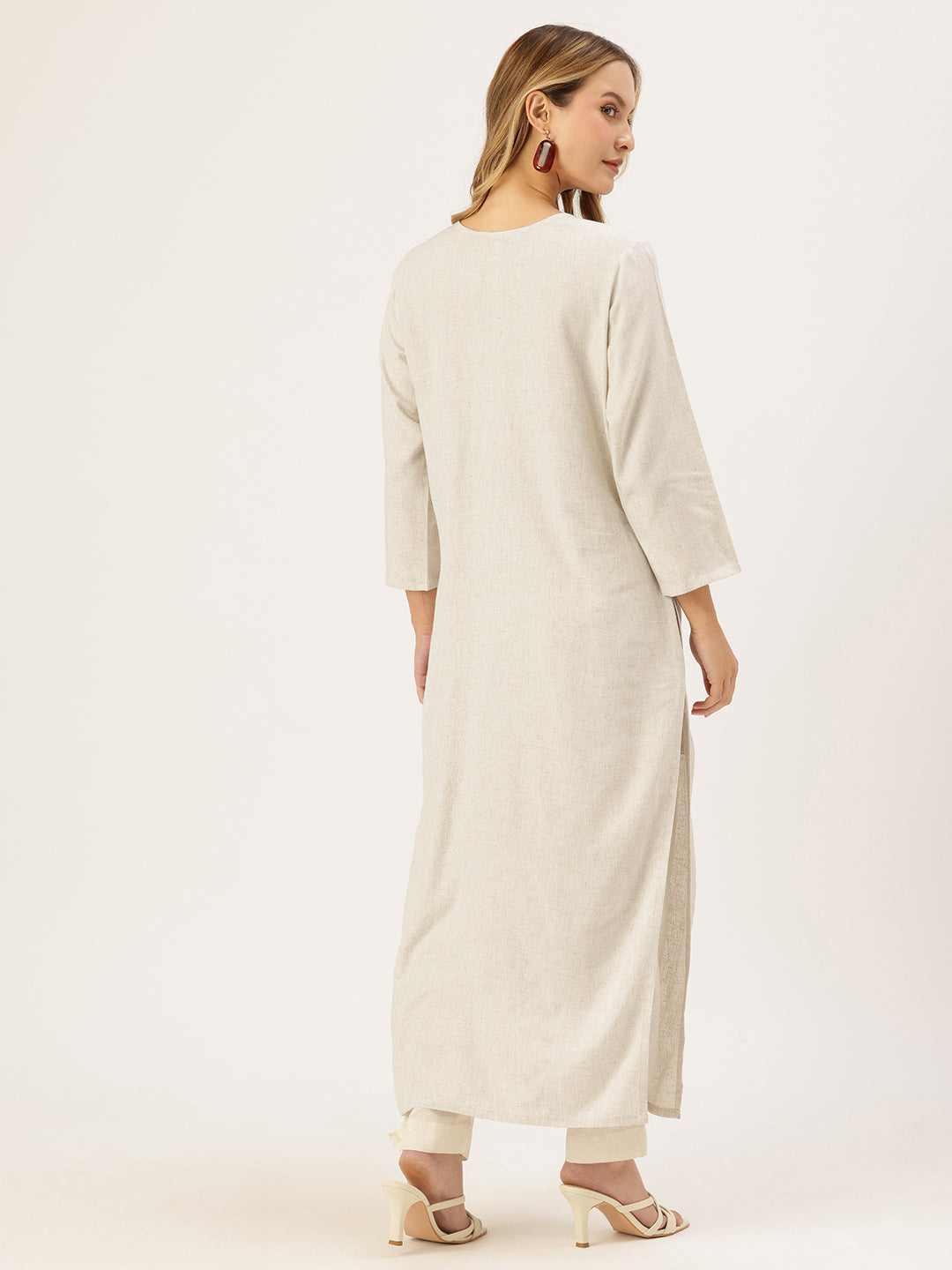 Beige Floral Embroidered Kurta