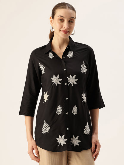 Black Floral Embroidered Tunic