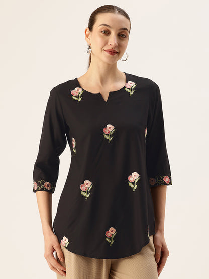 Black Floral Embroidered Tunic