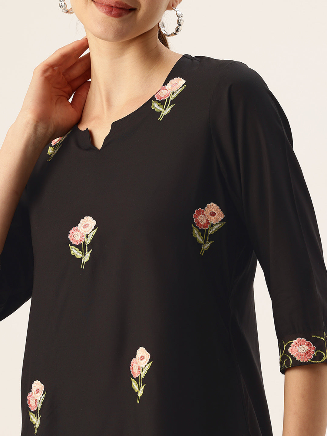 Black Floral Embroidered Tunic