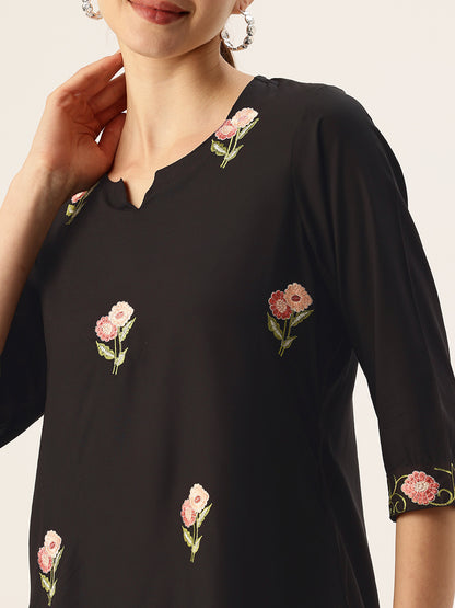 Black Floral Embroidered Tunic