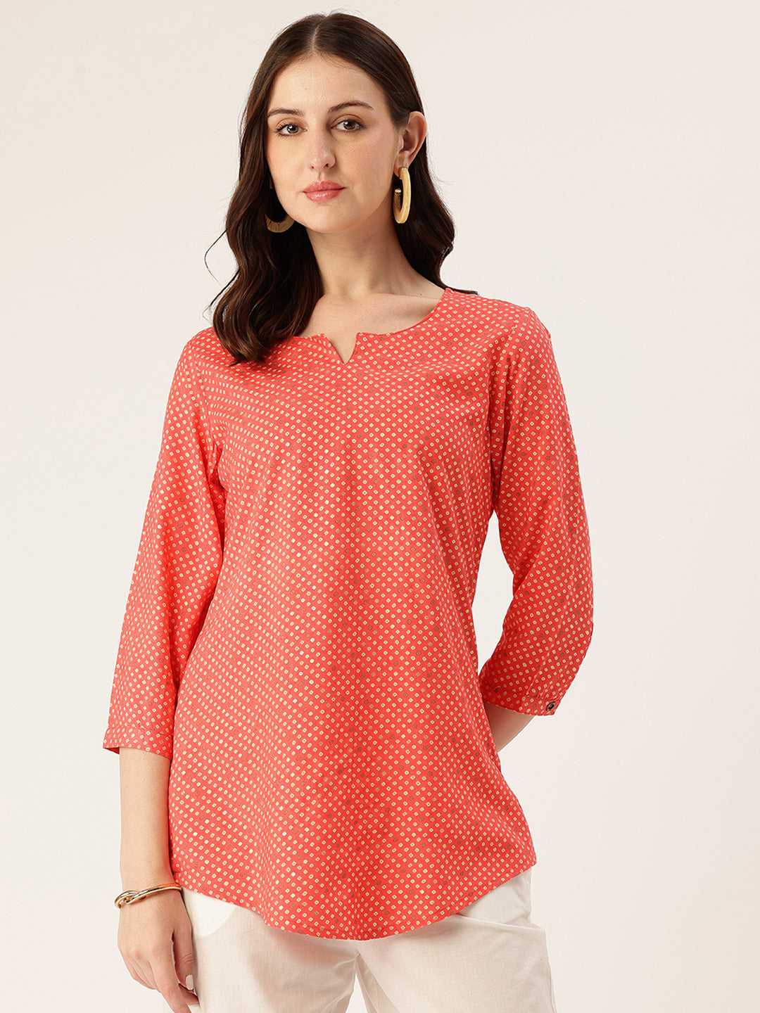 Red Geometric Printed Roll-Up Sleeves Boat Neck Tunic
