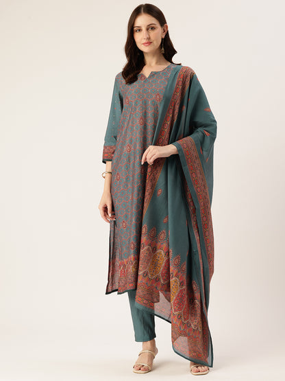 Green Printed Kurta & Trousers With Dupatta