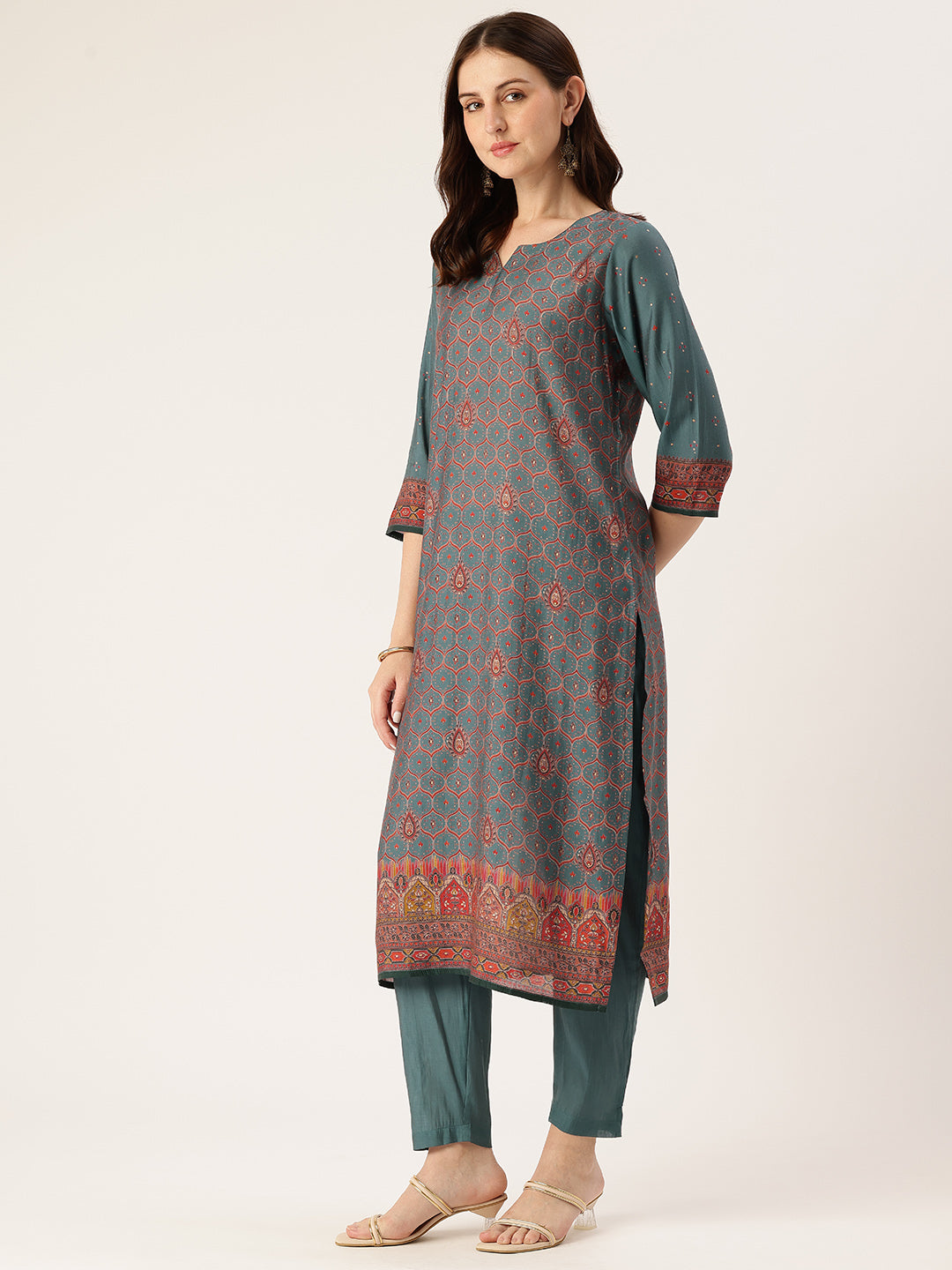 Green Printed Kurta & Trousers With Dupatta