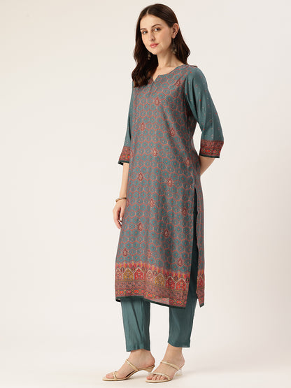Green Printed Kurta & Trousers With Dupatta