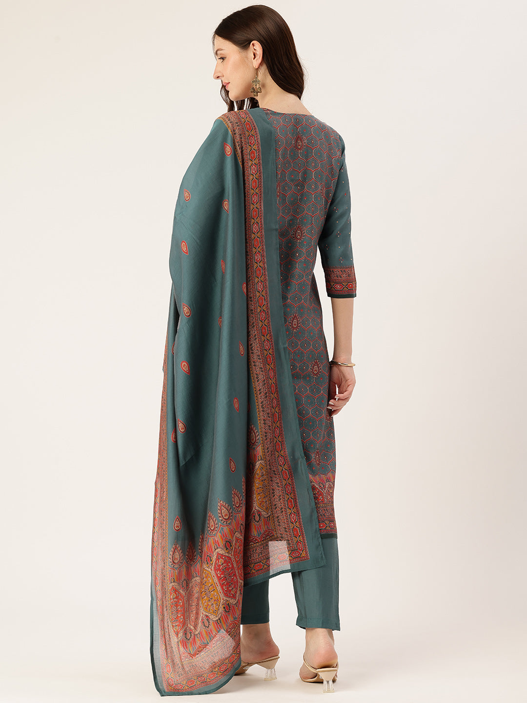 Green Printed Kurta & Trousers With Dupatta